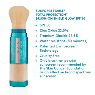 Colorescience Sunforgettable Total Protection Brush-On Shield Glow SPF50 key features infographic showing SPF50, Zinc Oxide 22.5%, Titanium Dioxide 22.5%, water resistant 80 minutes, patented Enviroscreen Technology, cruelty free, and recommended by the Skin Cancer Foundation