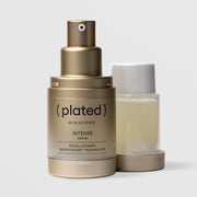 Plated Skin Science INTENSE Serum gold pump bottle beside its refillable inner cartridge, highlighting sustainable refillable packaging