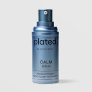 Plated Skin Science CALM Serum blue airless pump bottle with cap removed, featuring Renewosome technology for sensitive and reactive skin