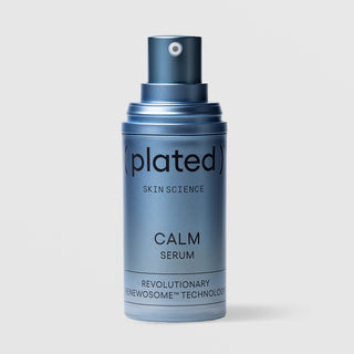 Plated Skin Science CALM Serum blue airless pump bottle with cap removed, featuring Renewosome technology for sensitive and reactive skin