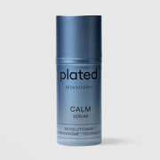 Plated Skin Science CALM Serum in blue cylindrical bottle with cap on, featuring Renewosome technology to reduce redness and soothe sensitive skin
