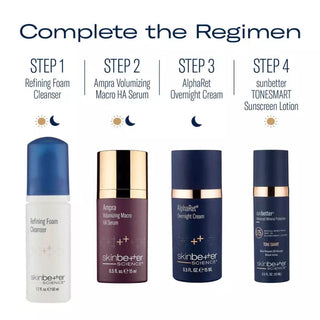 SkinBetter 4-step regimen: foam cleanser, Ampra serum, AlphaRet cream, sunbetter SPF