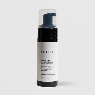 PurErb Caviar Lime Cleansing Foam 5.7 oz 170ml amber foaming pump bottle with slate blue pump and white label on grey background