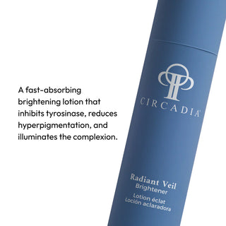 Close-up of Circadia Radiant Veil Brightener bottle, a fast-absorbing brightening lotion that inhibits tyrosinase, reduces hyperpigmentation, and illuminates the complexion