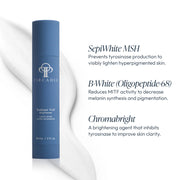Circadia Radiant Veil Brightener bottle with key ingredients: SepiWhite MSH to lighten hyperpigmentation, B-White Oligopeptide-68 to reduce melanin, and Chromabright to improve skin clarity