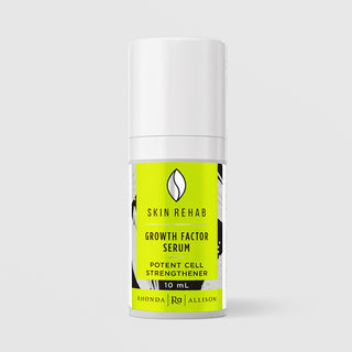Rhonda Allison Skin Rehab Growth Factor Serum Potent Cell Strengthener in a 10mL clear airless pump bottle with white cap and bright chartreuse label on a light gray background