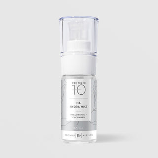 Rhonda Allison Pro Youth 10 HA Hydra Mist Hyaluronic and Cucumber facial mist in a 30mL clear pump bottle with clear cap and silver botanical label on a light gray background