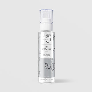 Rhonda Allison Pro Youth 10 HA Hydra Mist Hyaluronic and Cucumber facial mist in a 120mL clear pump bottle with clear cap and silver botanical label on a light gray background