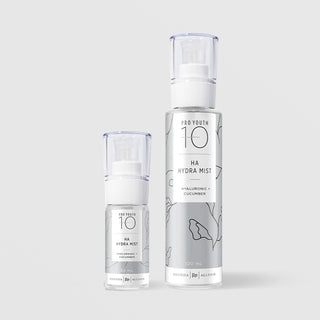 Rhonda Allison Pro Youth 10 HA Hydra Mist Hyaluronic and Cucumber facial mist shown in both sizes: 30mL and 120mL clear pump bottles with silver botanical labels on a light gray background