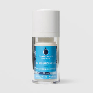 Rhonda Allison Compromised Barrier HA Hydration Cream Hyaluronic Infused moisturizer in a 15mL clear airless pump bottle with white cap and sky blue label on a light gray background