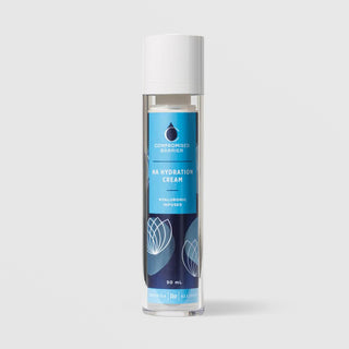 Rhonda Allison Compromised Barrier HA Hydration Cream Hyaluronic Infused moisturizer in a 50mL clear airless pump bottle with white cap and blue botanical label on a light gray background