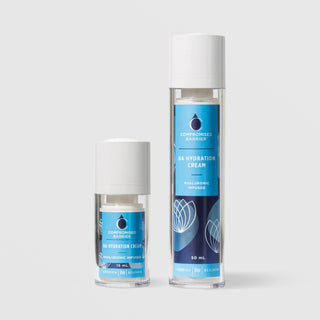 Rhonda Allison Compromised Barrier HA Hydration Cream Hyaluronic Infused moisturizer shown in both sizes: 15mL and 50mL clear airless pump bottles with white caps and blue botanical labels on a light gray background