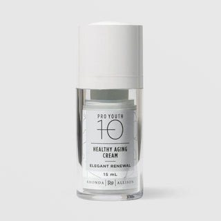 Rhonda Allison Pro Youth 10 Healthy Aging Cream Elegant Renewal moisturizer in a 15mL clear airless pump bottle with white cap and gray botanical label on a light gray background