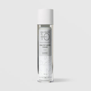 Rhonda Allison Pro Youth 10 Healthy Aging Cream Elegant Renewal moisturizer in a 50mL clear airless pump bottle with white cap and gray botanical label on a light gray background