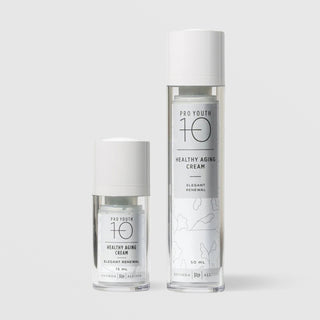 Rhonda Allison Pro Youth 10 Healthy Aging Cream Elegant Renewal moisturizer shown in both sizes: 15mL and 50mL clear airless pump bottles with white caps and gray botanical labels on a light gray background
