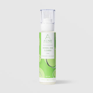Rhonda Allison Acne Remedies Herbal AHA Cleanse Rosemary and Glycolic cleanser in a 120mL pump bottle with clear cap and light green label on a light gray background