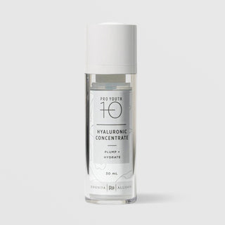 Rhonda Allison Pro Youth 10 Hyaluronic Concentrate Plump and Hydrate serum in a 30mL clear airless pump bottle with white cap and gray botanical label on a light gray background