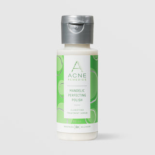 Rhonda Allison Acne Remedies Mandelic Perfecting Polish Clarifying Treatment Scrub 60 mL in a white squeeze bottle with silver flip cap and bright green circular patterned label on a light gray background