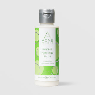 Rhonda Allison Acne Remedies Mandelic Perfecting Polish Clarifying Treatment Scrub 120 mL in a white squeeze bottle with silver flip cap and bright green circular patterned label on a light gray background