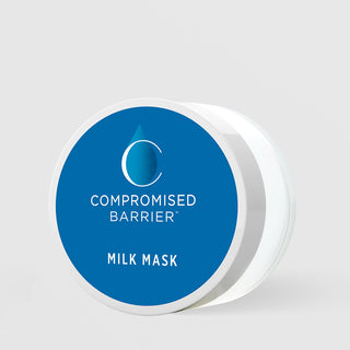 Rhonda Allison Compromised Barrier Milk Mask in a small white low-profile jar with cobalt blue lid label and water drop logo on a light gray background