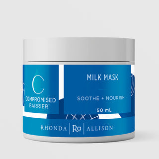 Rhonda Allison Compromised Barrier Milk Mask Soothe and Nourish treatment in a 50mL white wide-mouth jar with white lid and cobalt blue label on a light gray background
