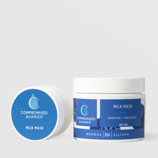 Rhonda Allison Compromised Barrier Milk Mask Soothe and Nourish shown in both sizes: small travel jar leaning on its side and 50mL upright white jar with cobalt blue labels on a light gray background