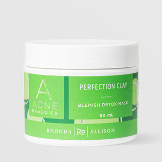 Rhonda Allison Acne Remedies Perfection Clay Blemish Detox Mask in a 50mL white wide-mouth jar with white lid and bright green label on a light gray background