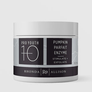 Rhonda Allison Pro Youth 10 Pumpkin Parfait Enzyme Stimulate and Exfoliate mask in a 50mL white wide-mouth jar with white lid and black botanical label on a light gray background