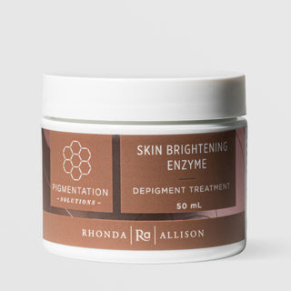 Rhonda Allison Pigmentation Solutions Skin Brightening Enzyme Depigment Treatment in a 50mL white wide-mouth jar with white lid and terracotta brown honeycomb label on a light gray background