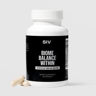 SIV Biome Balance Within 60-capsule dietary supplement bottle with two white probiotic capsules displayed in front