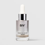 SIV Biome Balancing Serum 15mL glass dropper bottle with chrome silver cap and white bulb, metallic silver label, 0.5 fl oz