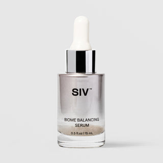 SIV Biome Balancing Serum 15mL glass dropper bottle with chrome silver cap and white bulb, metallic silver label, 0.5 fl oz