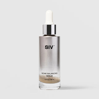 SIV Biome Balancing Serum 30mL glass dropper bottle with chrome silver cap and white bulb, metallic silver label, 1 fl oz