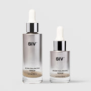 SIV Biome Balancing Serum shown in both sizes, 30mL full-size and 15mL travel size, glass dropper bottles with silver chrome caps