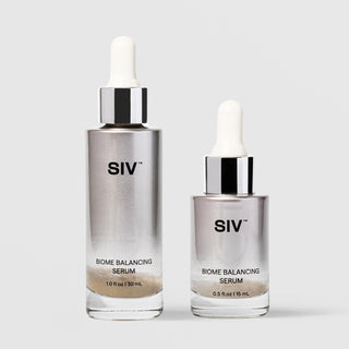 SIV Biome Balancing Serum shown in both sizes, 30mL full-size and 15mL travel size, glass dropper bottles with silver chrome caps