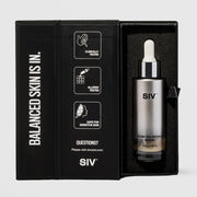 SIV Biome Balancing Serum 30mL dropper bottle nestled in black foam-lined gift box with open lid showing clinically tested, allergy tested, and safe for sensitive skin icons