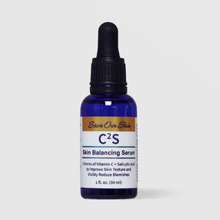 Save Our Skin C2S Skin Balancing Serum 1 fl oz 30ml cobalt blue dropper bottle with gold and white label on grey background