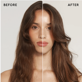 Split before-and-after comparison showing a woman with long dark wavy hair — frizzy and dry-looking on the left, smoother and more defined on the right — demonstrating the results of SEEN Deeper Conditioner.