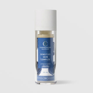 Rhonda Allison Compromised Barrier Sensitive Skin Complex Strengthen and Restore 30 mL in a clear airless pump bottle with white cap and royal blue lotus floral label on a light gray background