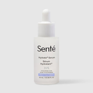 Senté Hydrate+ Serum 30ml frosted glass dropper bottle with hyaluronic acid for deep hydration and plumping dry and dehydrated skin