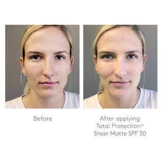 Before and after applying Colorescience Total Protection Sheer Matte SPF 30 on fair skin tone showing reduced shine and more refined skin texture.