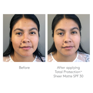 Before and after applying Colorescience Total Protection Sheer Matte SPF 30 on medium skin tone showing smoother, more even complexion.