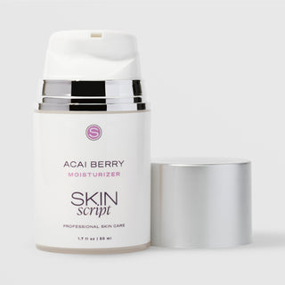 Skin Script Acai Berry Moisturizer antioxidant face cream – white airless pump bottle with silver cap removed showing pump head, 1.7 fl oz / 50ml