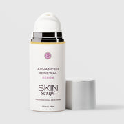 Skin Script Advanced Renewal Serum anti-aging facial serum – white airless pump bottle with silver cap removed showing pump head and gold accent band, 1 fl oz / 30ml