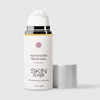 Skin Script Advanced Renewal Serum anti-aging facial serum – white airless pump bottle with silver cap removed showing pump head and gold accent band, 1 fl oz / 30ml