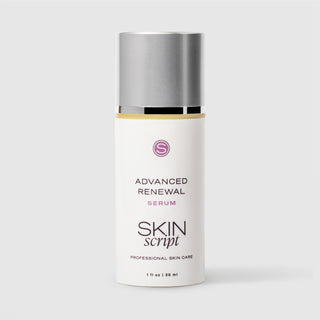 Skin Script Advanced Renewal Serum anti-aging facial serum – white airless pump bottle with silver cap and gold accent band, 1 fl oz / 30ml