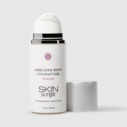 Skin Script Ageless Skin Hydrating Serum – white airless pump bottle with silver cap removed showing pump head, 1 fl oz / 30ml
