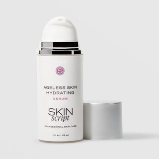 Skin Script Ageless Skin Hydrating Serum – white airless pump bottle with silver cap removed showing pump head, 1 fl oz / 30ml