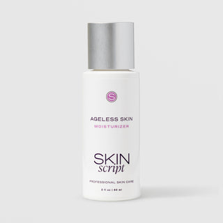 Skin Script Ageless Skin Moisturizer anti-aging face cream – white bottle with silver flip-top cap, 2 fl oz / 60ml