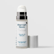 Skin Script Blemish Spot Treatment with Glycolic and Salicylic Acids – white airless pump bottle with silver cap removed showing pump head, 0.5 fl oz / 15ml